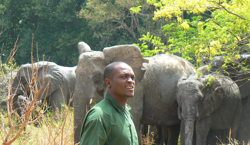 Longtong Turshak pose for a photo with a herd of elephants.