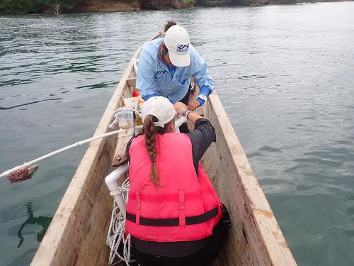 Gabriela Ochoa and Megan Chevis preparing a BRUV (Baited Remote Underwater Video) for deployment in Bocas del Toro.