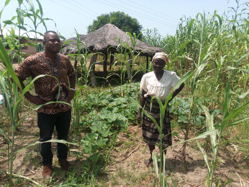 With a farmer inspecting her fields.