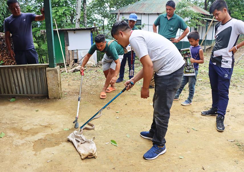 Demonstration on snake bagging technique among the Forest Guards of Tawi Wildlife Sanctuary.