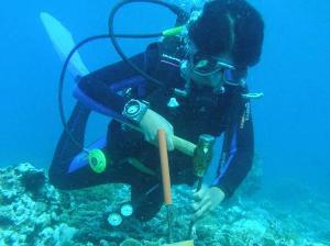 Putting down permanent markers for monitoring in the sanctuary, foliose hard corals inside the Selinog Island MPA.
