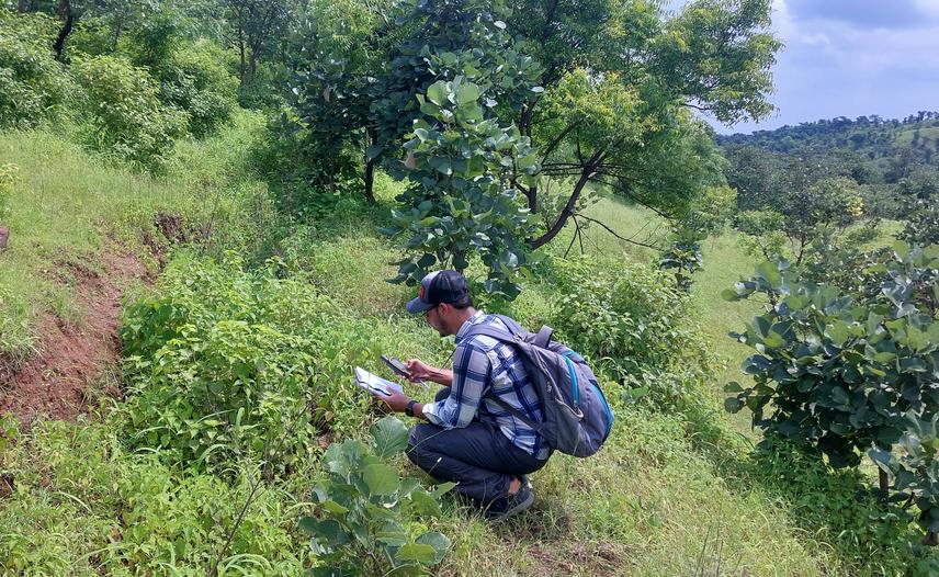 Collecting vegetation and location data from a CFR-restored parcel. © Karthik Reddy.